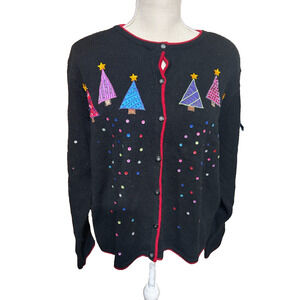 VTG Karen Scott Black Christmas sweater cardigan trees sequins embroidered XL
